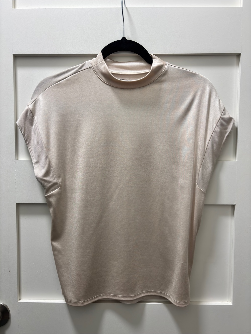 Express Shiny Mock Neck Short Sleeve Shirt - Cream